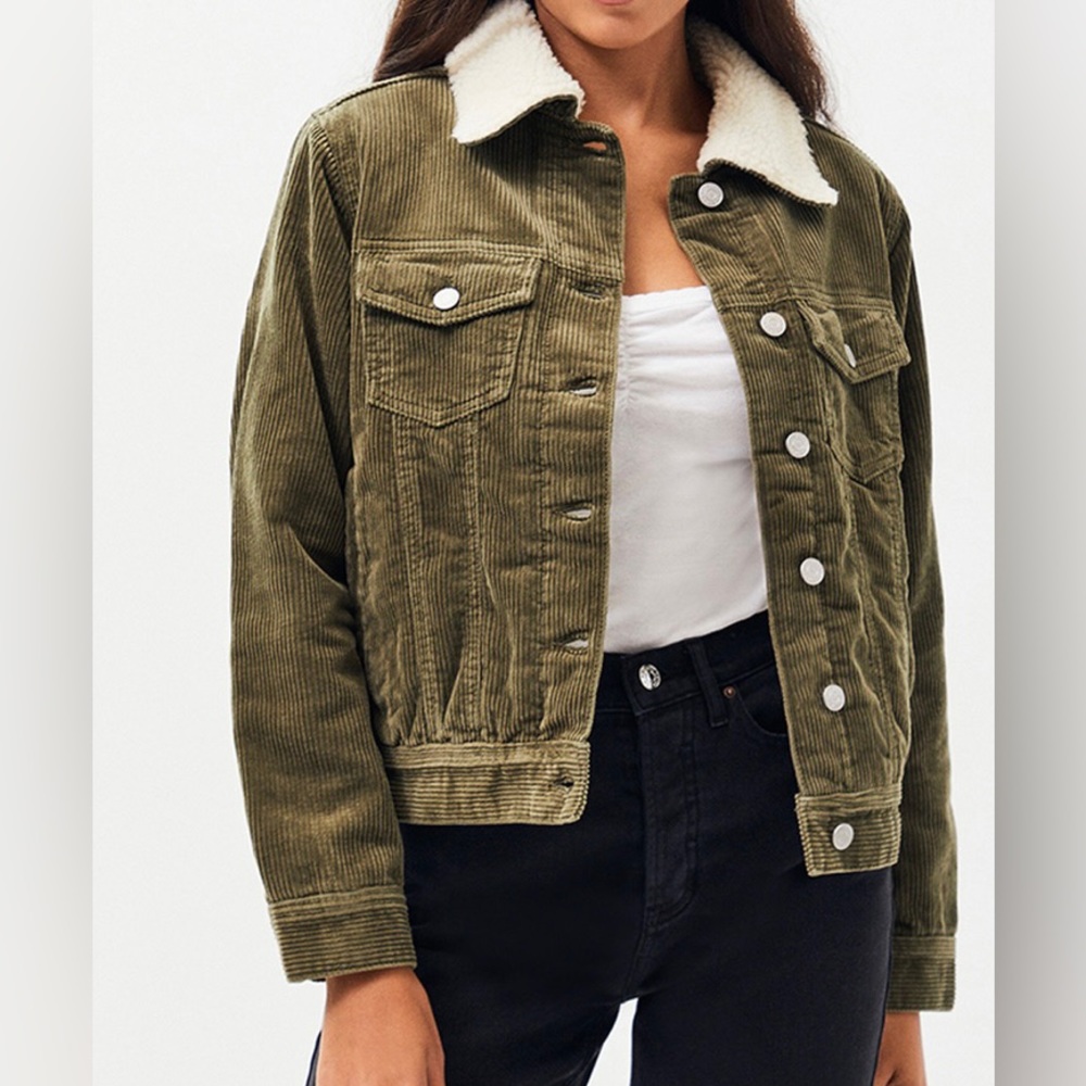 PacSun Dark Green/Gray Sherpa Corduroy Trucker Jacket. Women’s Size XS/S